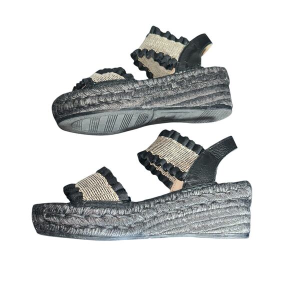Juncal Aguirre Black Mica Natural Espadrille Wedge Sandals SZ 40 Made in Spain - Picture 10 of 11